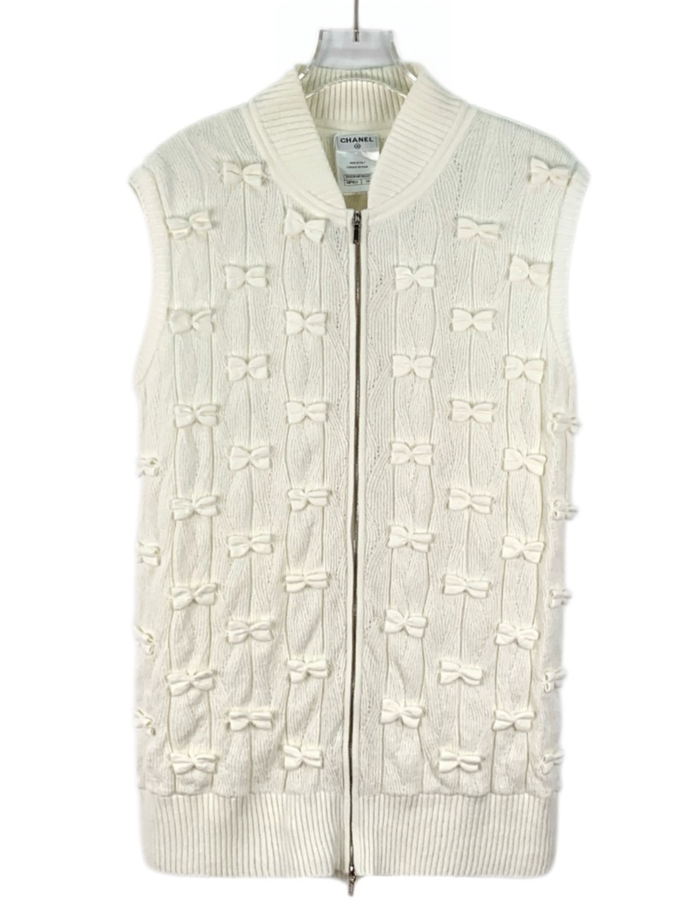 Chanel Beige Bow Cotton Stand-Collar Zipper Sleeveless Knit Vest Jacket